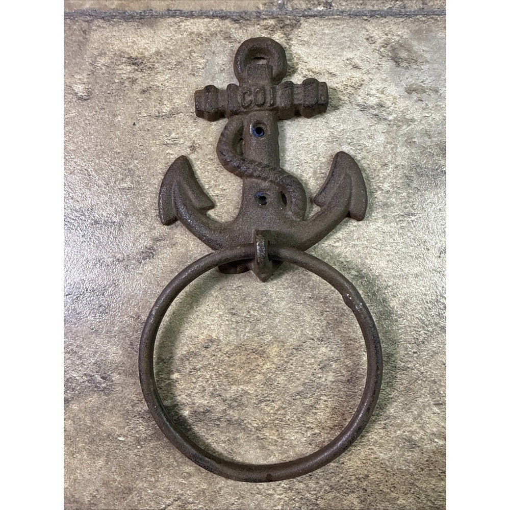 Cast Iron Anchor Towel Ring Welcome Nautical Wall Mount Rustic Coastal Decor